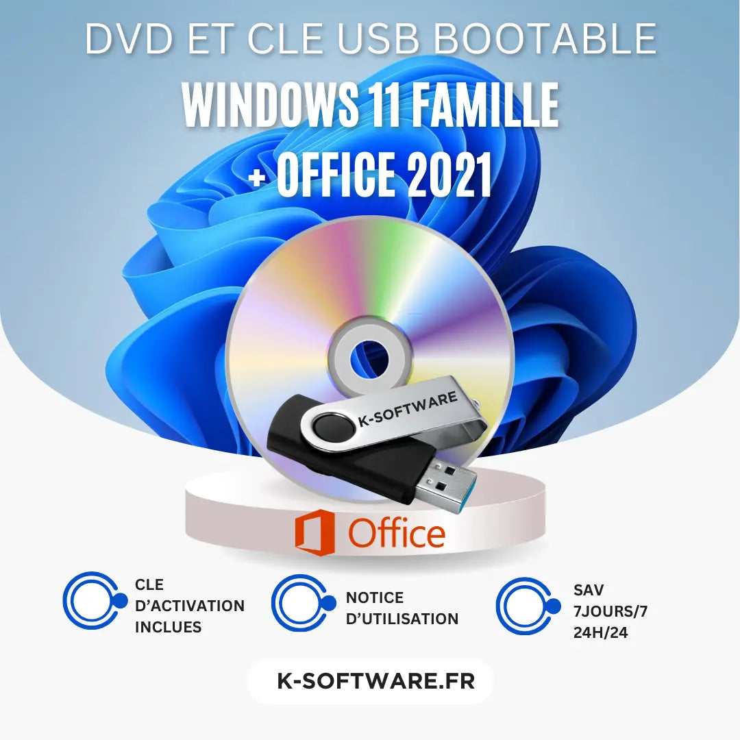 SUPER PACK DVD Windows 11 Famille + CLE USB Office 2021 K Software Informatique