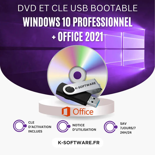 SUPER PACK DVD Windows 10 Professionnel + CLE USB Office 2021 K Software Informatique