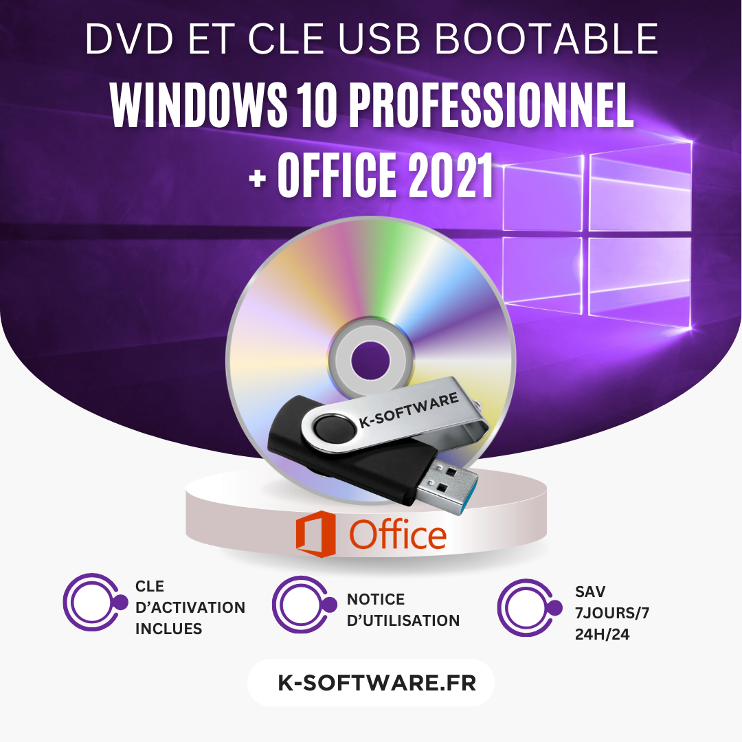 SUPER PACK DVD Windows 10 Professionnel + CLE USB Office 2021