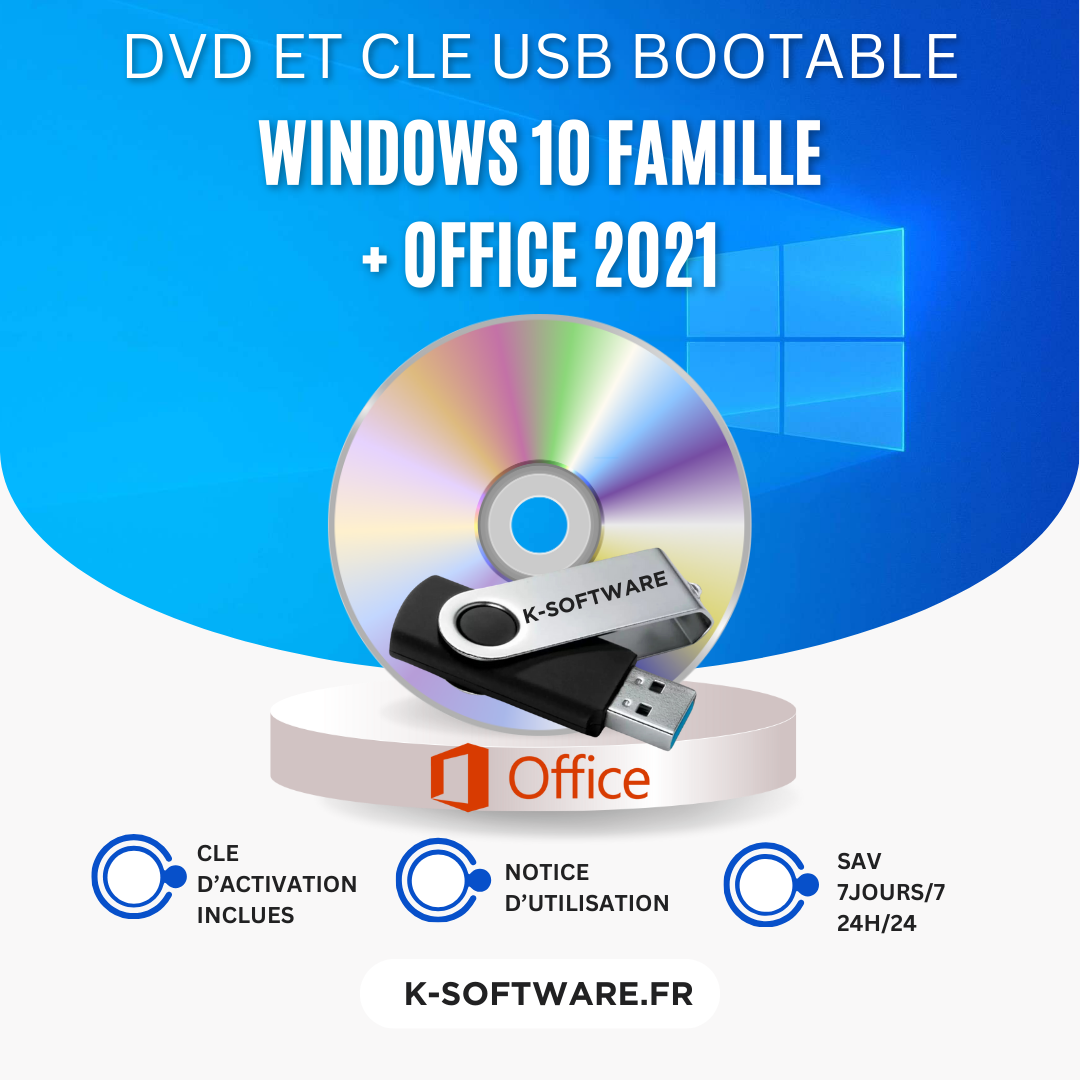 SUPER PACK DVD Windows 10 Famille + CLE USB Office 2021