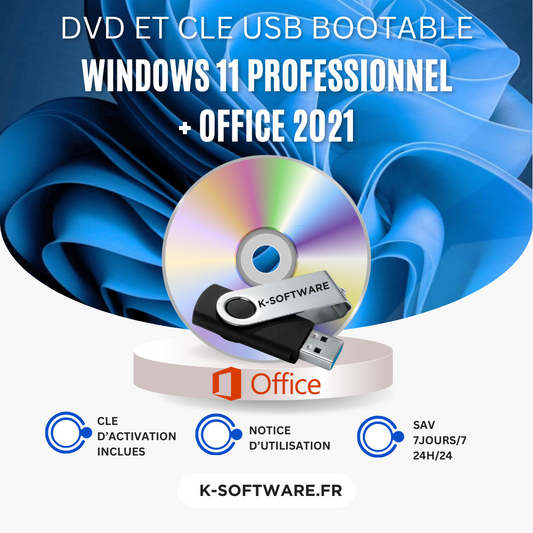 SUPER PACK DVD Windows 11 Professionnel + CLE USB Office 2021