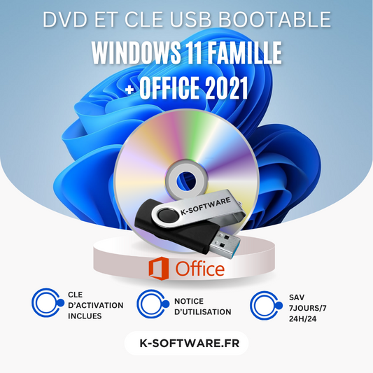 SUPER PACK DVD Windows 11 Famille + CLE USB Office 2021